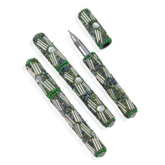 Beaded Pen Pot Set (3) Green Beaded Pens - Picture 4 of 6